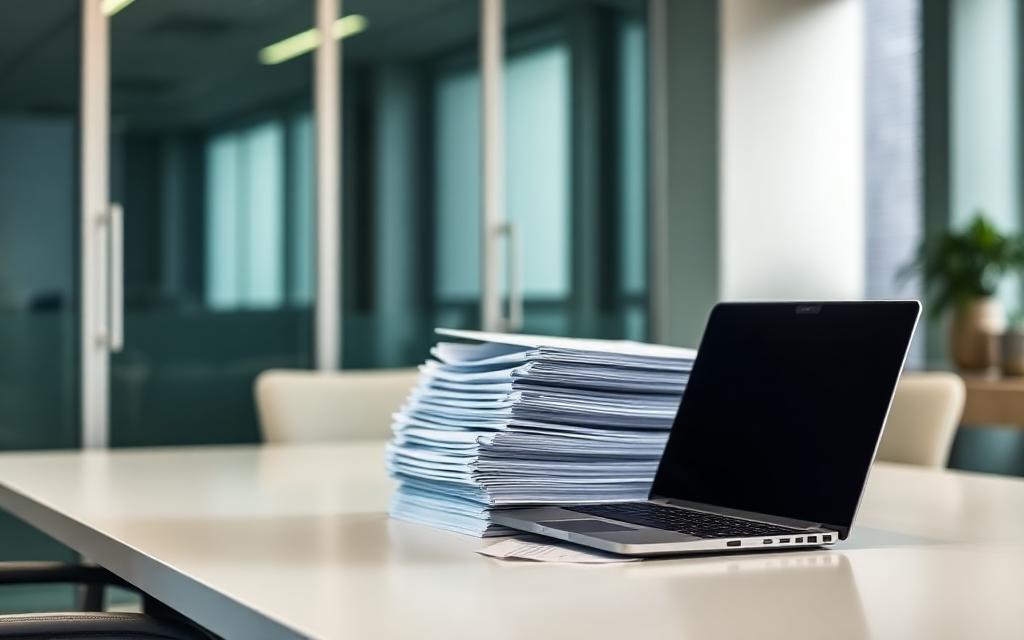 Stapel von Audit-Berichten und Laptop auf einem Bürotisch