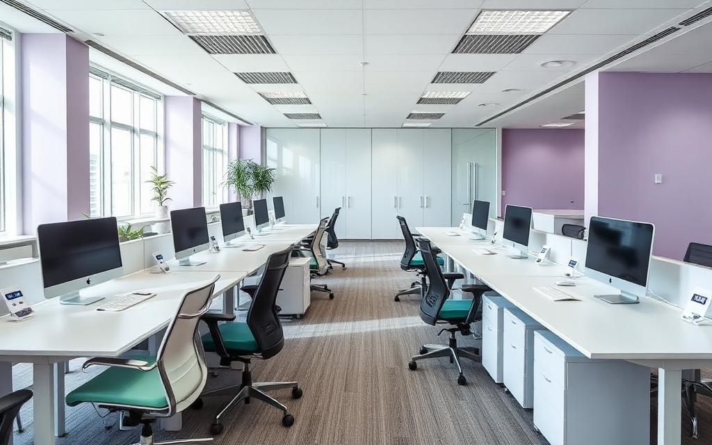 Modernes hybrides Büro mit leeren Arbeitsplätzen