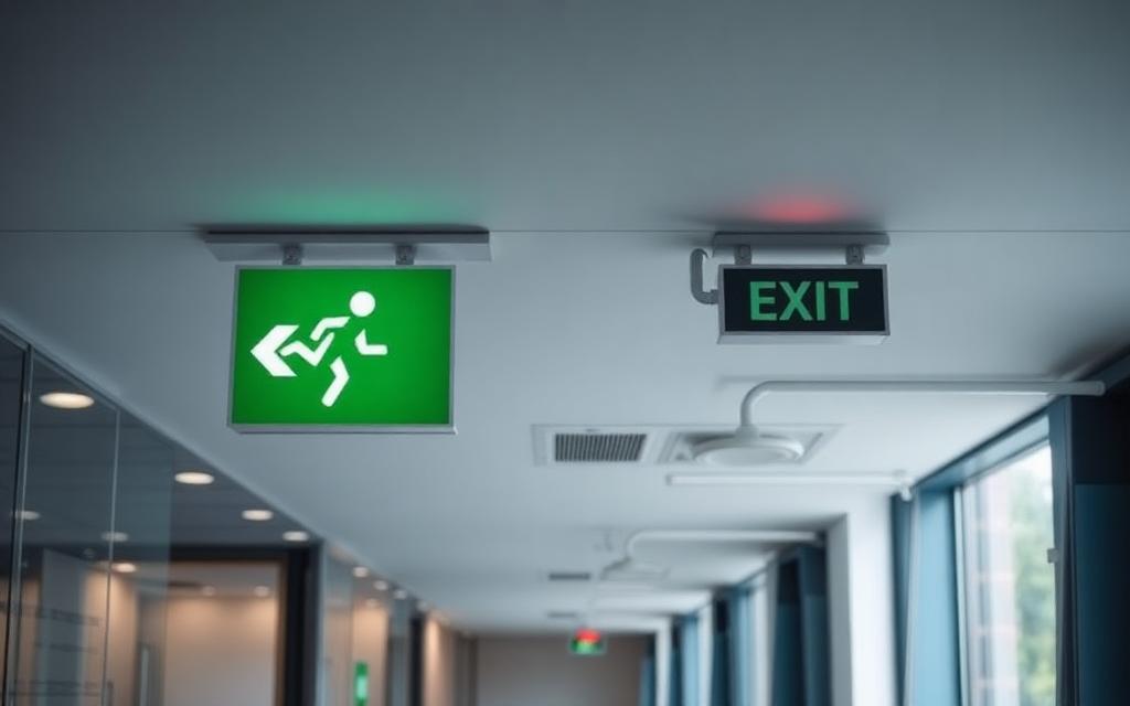 Notausgangsschild in einem modernen Bürokorridor